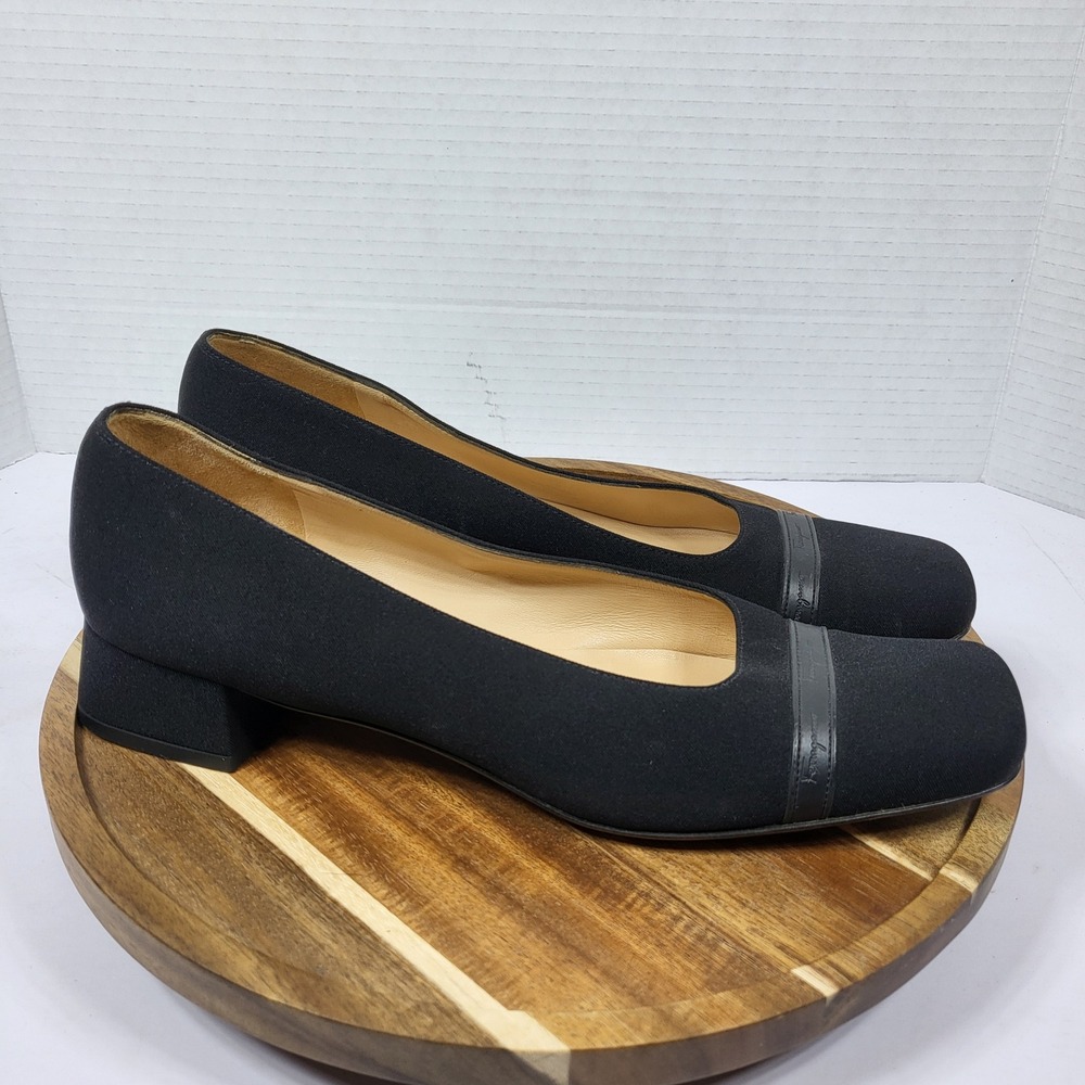 Salvatore Ferragamo Boutique Black Canvas Square Toe Block Heel Pump‎ 9 3A